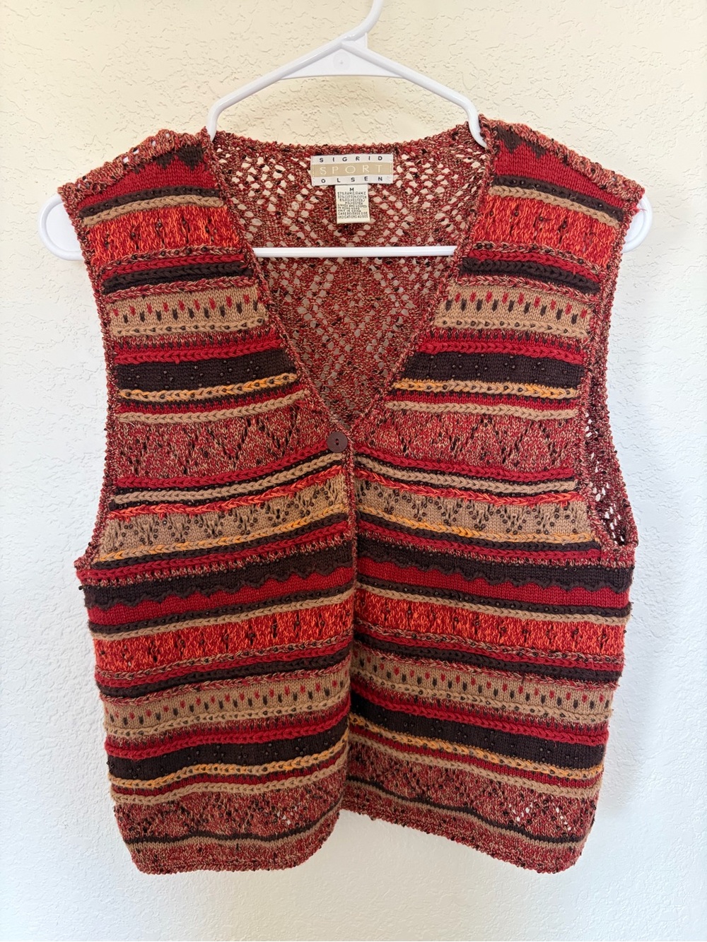 Vintage Sigrid Olsen Red/Cream Open Knit Vest SZ M Electric Grandpa Boho